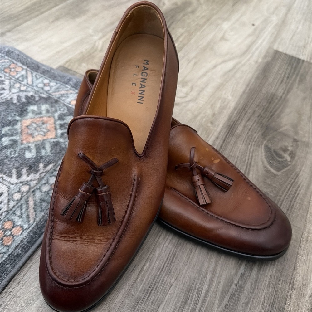 $458 Magnanni FLEX Cuero Men's Tassle Loafers Brown Leather Slip On Sz 9.5
